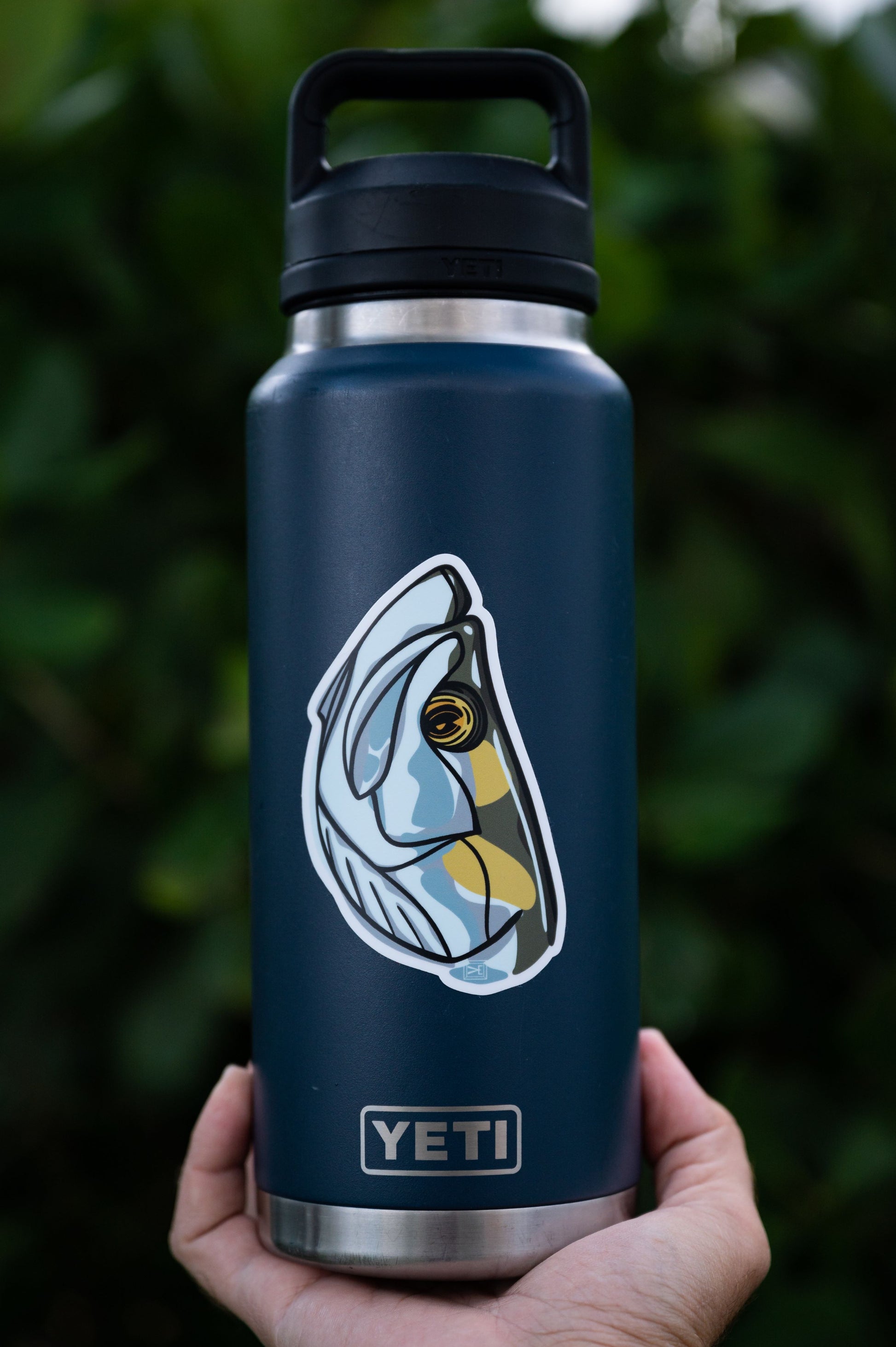 Tarpon head sticker on Yeti tumbler