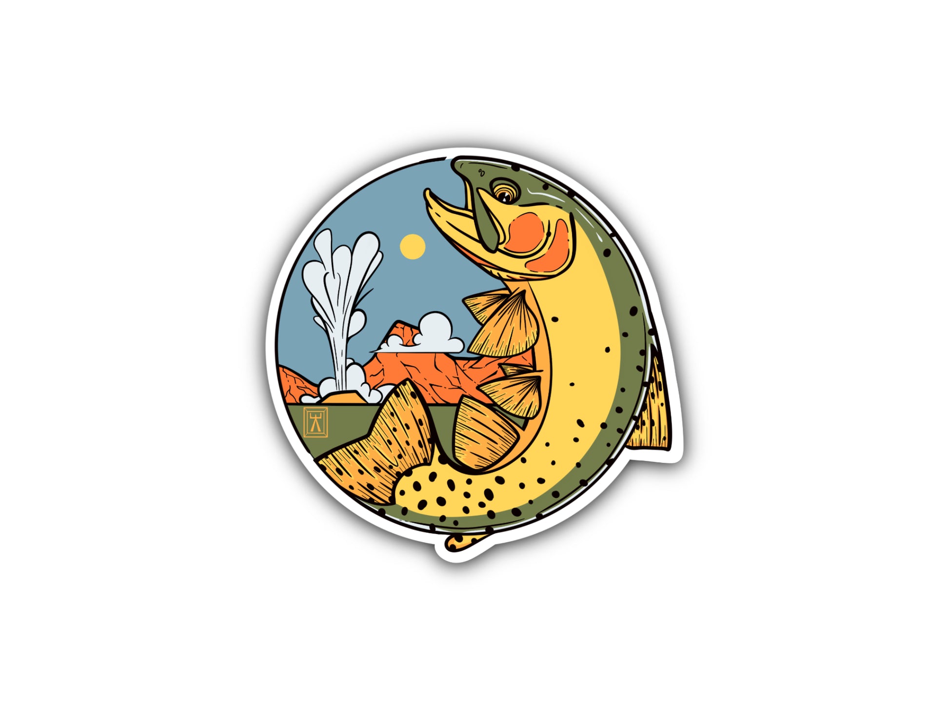 Sample of circular sticker featuring a cutthroat trout